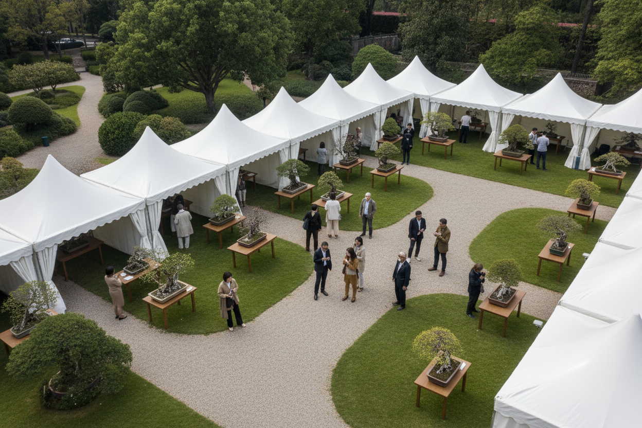 to an aerial shot of a gather of people discussing bonsai. it should be outdoors. include event-style tents with bonsai